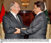 20061102rawalpindi03 RAWALPINDI: November02 - His Highness Prince Karim Aga Khan spiritual leader of Shia Imami Ismaili Muslims warmly welcome by President General Pervez Musharraf during call on meeting. APP